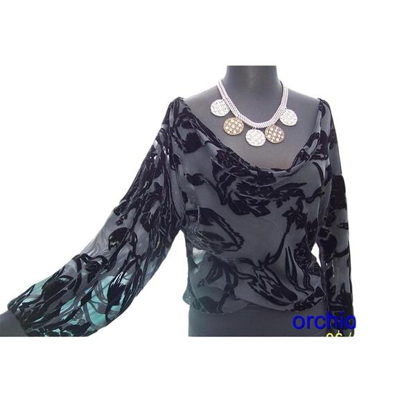 Cache Black Velvet Burn Out Drape Neck Top Banded Bottom Sleeve Ends NWT $138 - Picture 2 of 4